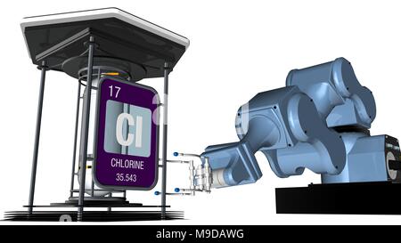 Chlor Symbol in quadratischer Form mit metallischen Kante vor einem mechanischen Arm, die eine chemische Behälter halten. 3D-Render. Element Nummer 17. Stockfoto