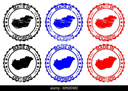 In Ungarn hergestellt - Stempel - Vektor, Ungarn Karte Muster - Schwarz, Blau und Rot Stock Vektor