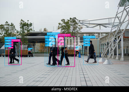 Iot maschinelles Lernen mit menschlichen und Objekterkennung, die künstliche Intelligenz verwenden, um Messungen, analytische und identische Konzept, es erfindet t Stockfoto