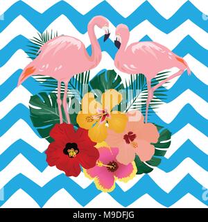 Vector Illustration von rosa Flamingos, tropische Blumen auf Zickzack Hintergrund Stock Vektor