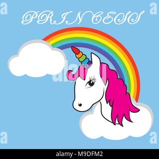 Vector Illustration von Einhorn Prinzessin in den Wolken mit Rainbow Stock Vektor