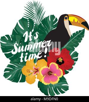 Vector Illustration der Sommer mit toucan Vogel, Blumen Stock Vektor
