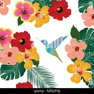 Vector Illustration von tropischen Hintergrund mit Blumen, Palmen und Hummingbird Stock Vektor