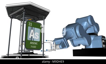 Arsen Symbol in quadratischer Form mit metallischen Kante vor einem mechanischen Arm, die eine chemische Behälter halten. 3D-Render. Element Nr. 33 Stockfoto