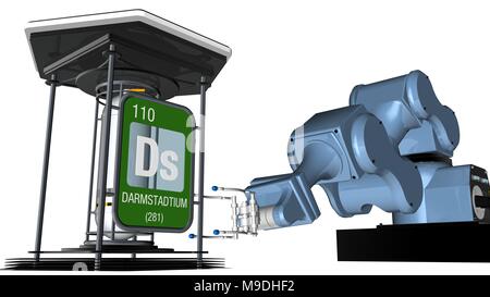 Darmstadtium Symbol in quadratischer Form mit metallischen Kante vor einem mechanischen Arm, die eine chemische Behälter halten. 3D-Render. Element Nr. 110 Stockfoto