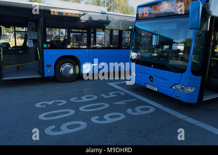 Blau Paphos district Busse an der Kato Paphos - Einschiffung Busbahnhof, streckenmarkierungen für Lokale, Zypern, das mediterrane Europa Stockfoto