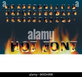 Hot Font. Fiery Buchstaben und Zahlen. Alphabet. Feuer vector Font. Stock Vektor