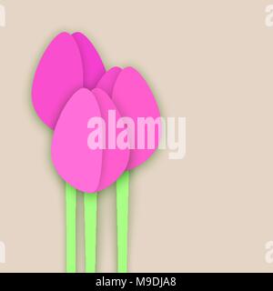 Drei Papier Schneiden Tulpen auf beigem Hintergrund, Collage mit Schatten, Karte Vorlage Stock Vektor