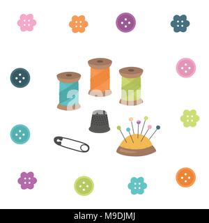 Nähset. Gewinde, Fingerhut, Nadeln, Pin, Button. Stock Vektor
