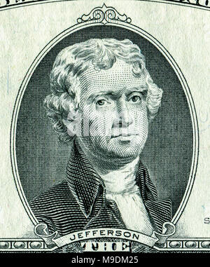 Thomas Jefferson Portrait von zwei Dollar Banknote. Uns, Papier, Währung Stockfoto