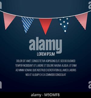 Girlande flags Vektor-illustration Helle vintage Girlande mit großen dreieckigen Flags mit unterschiedlichen Mustern hängt vor einem dunklen Hintergrund blau Stock Vektor
