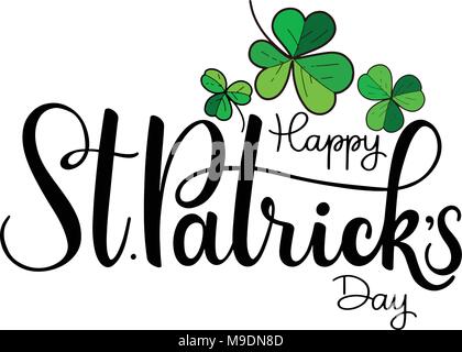 Happy Saint Patricks Day Vector Illustration. Irische feier Design. Festival schrift Typografie Symbol. Hand Typografie Abzeichen mit Shamrock und Rainbow gezeichnet. Stock Vektor