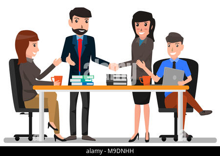 Zwei Unternehmen der Mann und die Frau die Hände schütteln mit Kollegen, Unternehmen arbeiten und treffen. Cartoon Character Vector Illustration. Stockfoto