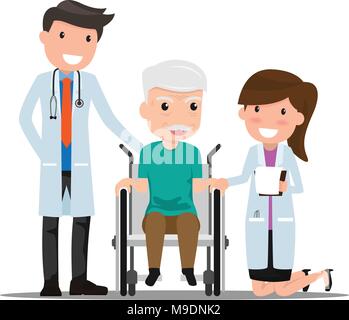 Arzt und älteren Mann Patient im flachen Stil auf weißem Hintergrund. Beratung und medizinische Diagnose. Medizin Konzept mit Arzt und Mich Stock Vektor