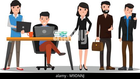 Geschäftsleute, Teamarbeit. Kaufmann und Kauffrau im flachen Design Menschen Zeichen. Menschen, die in verschiedenen Stellen Vector Illustration. Boss, Ma Stock Vektor