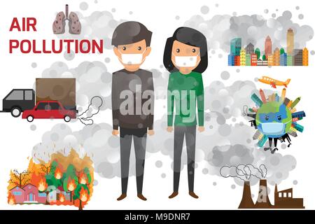 Umweltverschmutzung Infografiken mit Informationen über Auswirkungen auf die Umwelt. Luftverschmutzung und Cartoon Character Vector Illustration. Stock Vektor