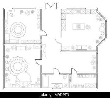 grafische Skizze der Wohnung Wohnzimmer, wie von Hand gezeichnet
