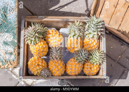 Ananas in einer Holzbox Sommer tropische Früchte natürliche Nahrung gelbe und grüne Blätter süß und gesund essen Bauern von oben Tageslicht Markt Stockfoto