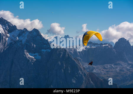 Gleitschirme, Gleitschirmfliegen über der Sella Group, Sella Towers und Piz Boe, Dolomit, Val di Fassa, Provinz Trentino, Italien Stockfoto