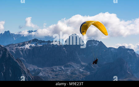 Gleitschirme, Gleitschirmfliegen über der Sella Group, Sella Towers und Piz Boe, Dolomit, Val di Fassa, Provinz Trentino, Italien Stockfoto