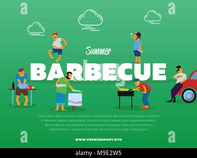 Sommer Grill Party Banner mit Menschen Stock Vektor