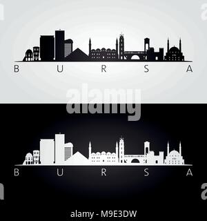 Bursa Skyline und Sehenswürdigkeiten Silhouette, schwarz-weißes Design, Vektor, Abbildung. Stock Vektor