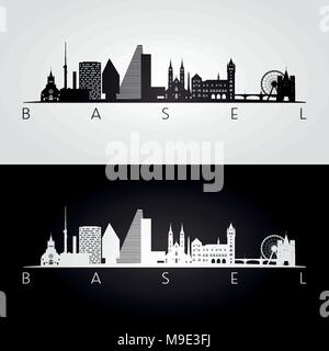 Basel Skyline und Sehenswürdigkeiten Silhouette, schwarz-weißes Design, Vektor, Abbildung. Stock Vektor