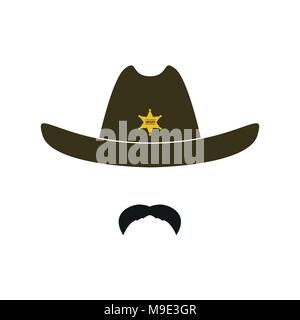 Sheriff Gesicht Symbol auf weißem Hintergrund. Retro hut mit stern und Schnurrbart. Vector Illustration. Stock Vektor