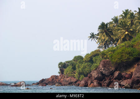 Hintergrund mit einem Blick auf den schönen Strand mit einer felsigen und eine Palme in Goa, Indien Stockfoto