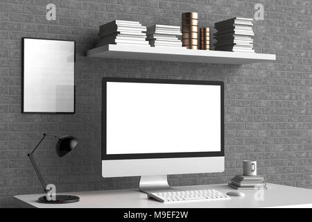 Moderner Arbeitsplatz, isolierte Bildschirm und Frame mock up. 3D-Darstellung Stockfoto