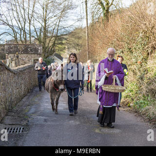 Sidmouth, Großbritannien, 25. Mar 18. Ponk der Donk nahm ein starring Rolle an der Palm Sonntagsgottesdienst in Salcombe Regis Kirche, in der Nähe von Sidmouth. Die jährliche Veranstaltung sieht Gemeindemitglieder Prozess den Hügel hinauf, und in diesem Jahr der Rev David Lewis unter der Leitung der Spaziergang zusammen mit Ponk, eine 14 Jahre alte Esel aus dem nahe gelegenen Sidmouth Donkey Sanctuary. Foto Central/Alamy Leben Nachrichten. Credit: Foto Central/Alamy leben Nachrichten Stockfoto