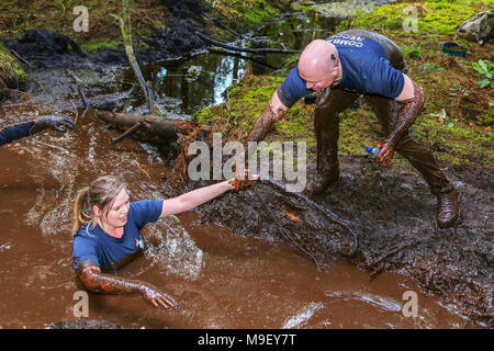 Kilmarnock, Großbritannien, 25. Feb 2018. Mehr als 400 Läuferinnen und Läufer aus über Schottland nahmen an der harten, schweren, anstrengenden und lustigen Schlammigen Studien 10k und 5k mudruns obwohl Craufurdland Immobilien, Kilmarnock. Dieses Bi - jährliche Veranstaltung beliebt ist wegen der Hindernisse, Gefährdungen und tiefen Wasser gefüllten Gräben und Gräben durch solche Namen wie der 'Dirty Graben" und "Shrek" bekannt: Findlay/Alamy leben Nachrichten Stockfoto