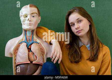 Coolen weiblichen High School student Portrait mit einem künstlichen menschlichen Körper Modell. Schüler Spaß im Biologieunterricht. Bildung Konzept. Stockfoto