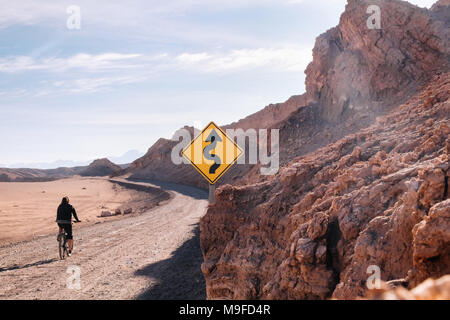 Die Frau mit dem Fahrrad in den trockenen Atacama Wüste Landschaft mit verkehrsschild Signalisierung eine geschwungene Straße. Stockfoto