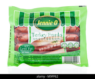 Winneconne, WI - 21. März 2018: ein Paket von Jennie - o Türkei Franks auf einem isolierten Hintergrund. Stockfoto