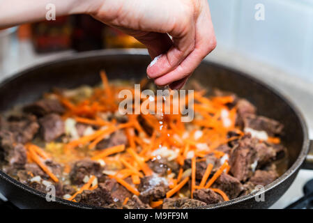 Hand fügt Salz Eintopf in der Nähe von Rindfleisch Stockfoto