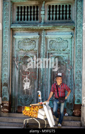 Buenos Aires Argentinien, Microcentro, Straßenverkäufer Verkäufer verkaufen Verkauf, Stände Stand Stand Markt Markt, Warenkorb, Orangen, Mann Männer männlich, Stockfoto