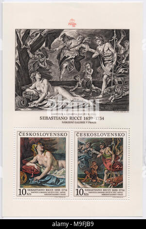 Bacchus und Ariadne von Sebastian Ricci auf Briefmarke Blatt. Gedruckt in Prag, Tschechoslowakei (heute Tschechien) im Jahr 1988. Kunst circa 1725. Stockfoto