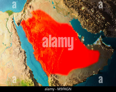 Saudi-arabien im frühen Morgenlicht rot markiert auf dem Planeten Erde. 3D-Darstellung. Elemente dieses Bild von der NASA eingerichtet. Stockfoto