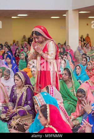 Porträt von einem Sikh Frau Hochzeit Gast im Gurdwara Sikh Kulturellen Gesellschaft in South Richmond Hill, Queens, New Yok Stockfoto