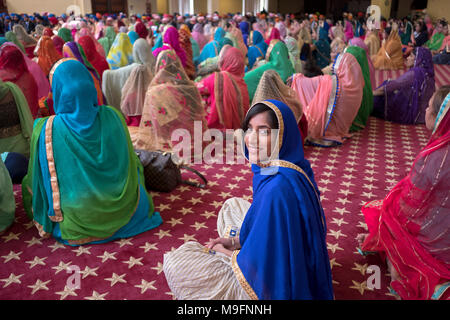 Porträt von einem Sikh Frau Hochzeit Gast im Gurdwara Sikh Kulturellen Gesellschaft in South Richmond Hill, Queens, New Yok Stockfoto