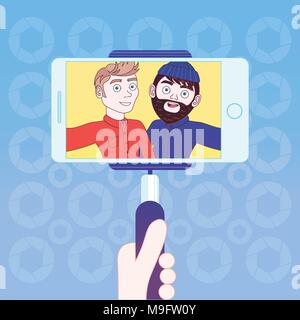 Hand halten, Smart Phone mit Stick für selfie Foto von zwei Hipster Männer Stock Vektor