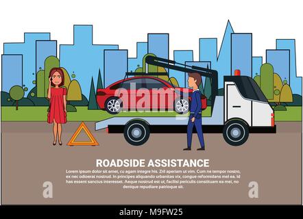 Pannenhilfe Abschleppen gebrochen Auto über Treiber Frau benennen In Insurance Service Stock Vektor