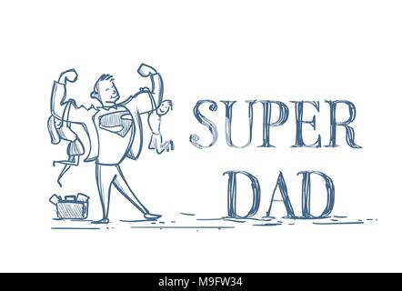 Super Papa Holding Kinder Sohn und Tochter Doodle auf weißem Hintergrund Happy Vatertag Konzept Stock Vektor