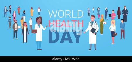 World Health Day Poster mit Männlichen und Weiblichen Ärzte über Gruppe von Patienten gesunden Urlaub Banner Stock Vektor
