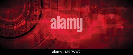 Dunkelrot Technologie abstract Banner vektor design mit HUD-Elemente, Wellen und Weltkarte Stock Vektor