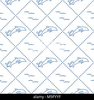 Nahtlose Muster mit Delphinen, Spritzern und Wellen. Design für Banner und Drucken. Stock Vektor