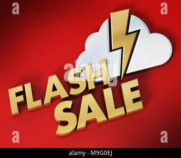 Flash Sale text-, Cloud- und blitz Symbol. 3D-Darstellung. Stockfoto