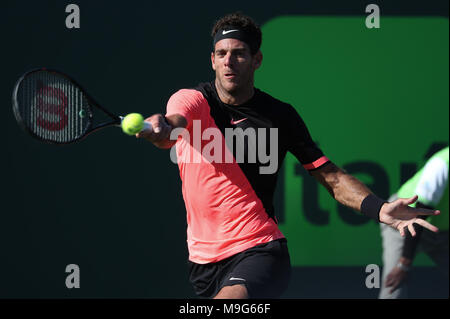 Key Biscayne, Florida, USA. 25 Mär, 2018. Juan Martin Del Potro aus Argentinien spielt gegen Kei Nishikori von Japan bei Tag 8 der 2018 Miami öffnen, indem Itaú Professional Tennis Turnier präsentiert, die bei der crandon Park Tennis Center in Key Biscayne, Florida, USA gespielt. Del Potro gewann 6-2, 6-2. Mario Houben/CSM/Alamy leben Nachrichten Stockfoto