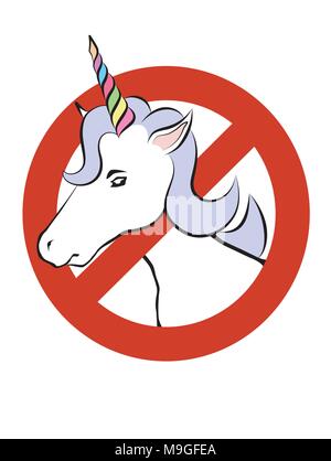 Cartoon Einhorn Kopf schauen durch Verbotsschild, Vector Illustration Stock Vektor